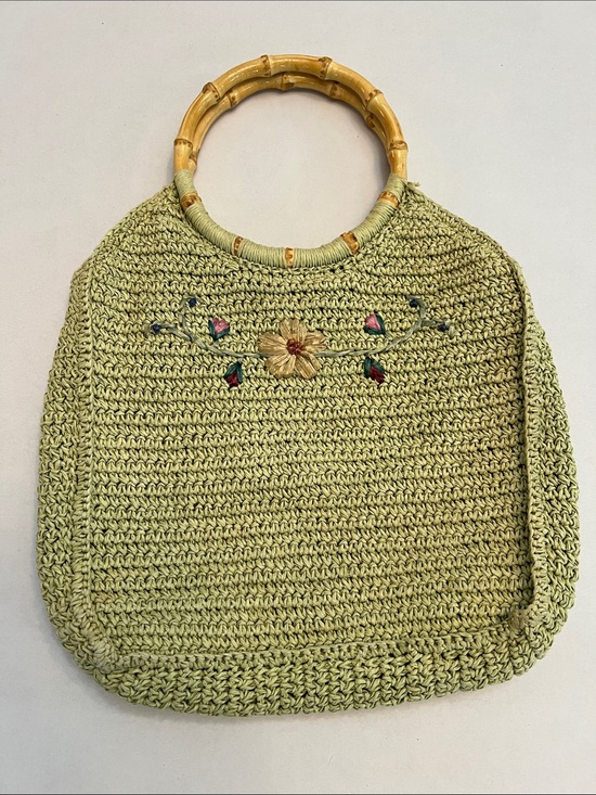 Scala Handbags - SCALA GAL Y2K GREEN WOVEN TWINE WITH FLOWERS WITH BAMBOO HANDLES BAG PURSE